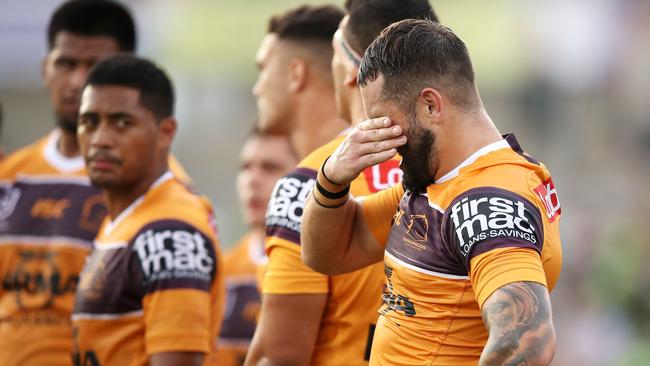 Jack Bird shows his frustration as Anthony Milford looks on in the background. Picture: Mark Kolbe/Getty Images