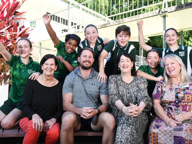 St. Joseph's Mudingburra Catholic School staff Clare Plant, Michael Feaver, Tracy Nuttall and Julie Franklin withstudents, Grace Norton, 11, Nathaneal Jena, 11, Piper Wilson, 10,  Easton Ede, 10, Edie Parker, 12, and Evie Elton, 11, are celebrating 100 years. Picture: Shae Beplate.