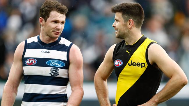 See you at the G, Danger ... Patrick Dangerfield and Trent Cotchin will face off twice next season — both at Richmond’s home ground.