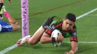 Jaxson Paulo was awarded the try despite his foot going into touch. Picture: Fox Sports.