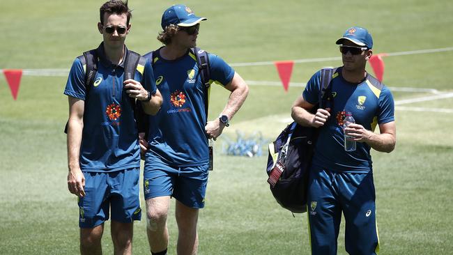 Kurtis Patterson with Will Pucovski and Tim Paine on Test eve at the Gabba.