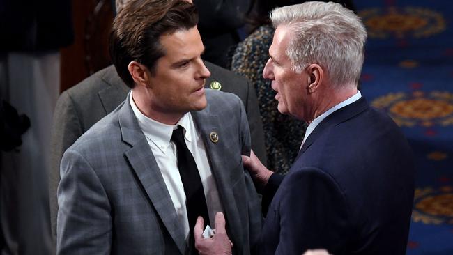 US Representative Kevin McCarthy speaks to US Representative Matt Gaetz. Picture: AFP