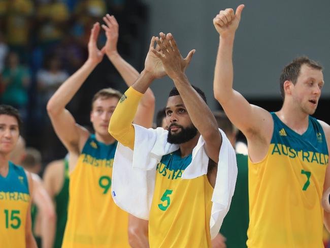 The Boomers after beating Lithuania. Picture: Alex Coppel.