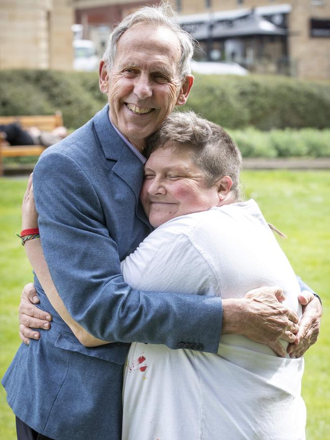 Dr Bob Brown with Dr Colette Harmsen after spending three months in prison for protesting against the logging of Tasmania's native forests at Parliament lawns Hobart. Picture: Chris Kidd