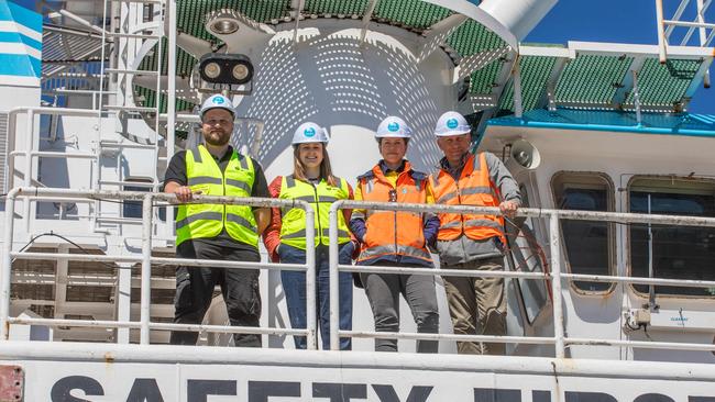 University of Tasmania students Jackson Griffin and Amelia Jensen with Tegan Sime and Dr Rich Little from CSIRO on board the RV Investigator. Picture: Linda Higginson