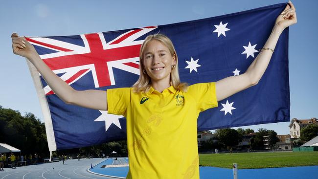 High jumper Eleanor Patterson poses during the teams media session at the training base in Montpellier. Picture: Michael Klein