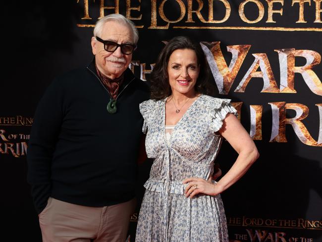 Actor Brian Cox and Nicole Ansari Cox pose for a photo as they celebrate the release of The Lord Of The Rings: The War Of The Rohirrim at Hobbiton Movie Set in Matamata, New Zealand this week. Picture: Michael Bradley/Getty Images