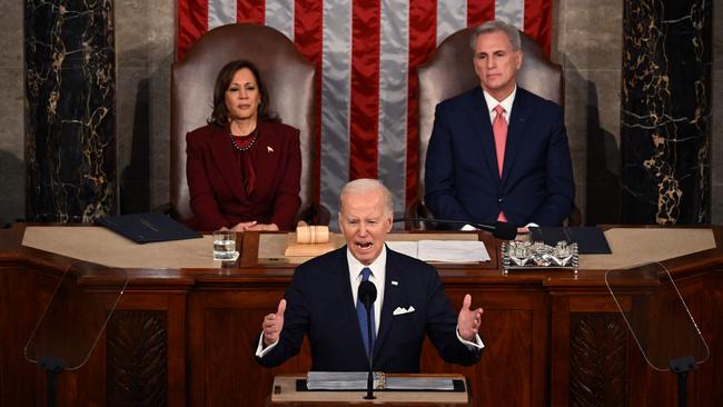 US Vice-President Kamala Harris, left, and Speaker of the House Kevin McCarthy listen as President Joe Biden delivers the State of the Union at the US Capitol in Washington on Wednesday. Picture: AFP