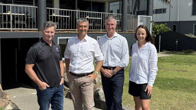 LNP funding announcement at Palm Beach Surf Life Saving Club on the first day of the 2024 state election campaign (L-R) Palm Beach SLSC president Andrew Gault, Burleigh candidate Hermann Vorster, Shadow spokes spokesman Tim Mander and Palm Beach SLSC general manager Lana Ireland. Picture: Andrew Potts