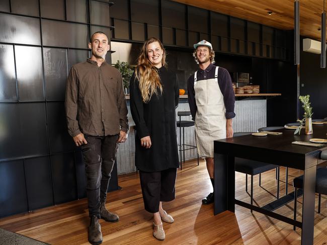 Van Bone’s Joe Nalder, Laura Stucken and Tim Hardy. The restaurant is a finalist in the 2022 Gourmet Traveller Restaurants Awards. Picture: Zak Simmonds