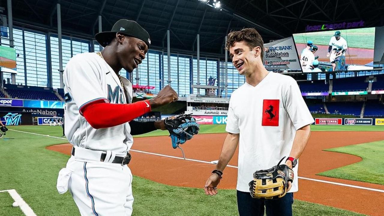 Ferrari’s Charles Leclerc with the Miami Marlins.
