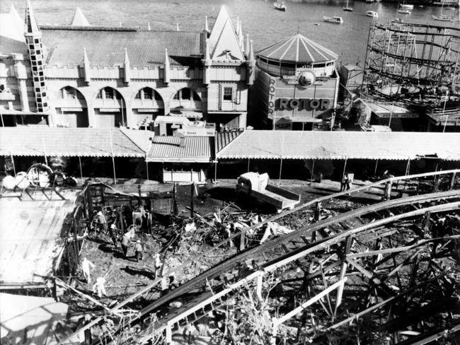 An aerial view of the damage following the fire on the ghost train ride at Luna Park in 1979.