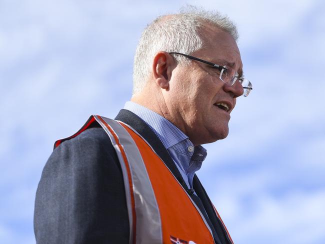 Australian Prime Minister Scott Morrison speaks to the media during a visit to the Snowy 2.0 Polo Flat Concrete Segment factory in Cooma in NSW, Friday, June 19, 2020. (AAP Image/Lukas Coch) NO ARCHIVING