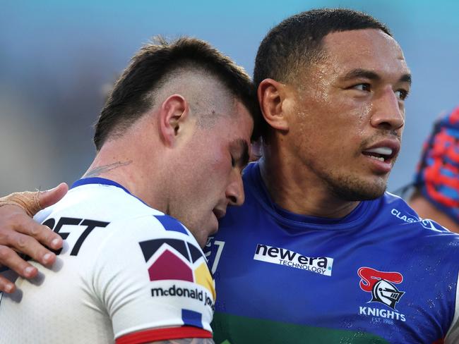 SYDNEY, AUSTRALIA - JULY 02: Bradman Best of the Knights celebrates scoring a try with Tyson Frizell during the round 18 NRL match between Canterbury Bulldogs and Newcastle Knights at Accor Stadium on July 02, 2023 in Sydney, Australia. (Photo by Jeremy Ng/Getty Images)