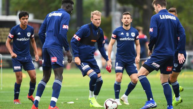 Ola Toivonen (centre) of Melbourne Victory during a team training session at Gosch's Paddock in Melbourne on Thursday. Picture: AAP