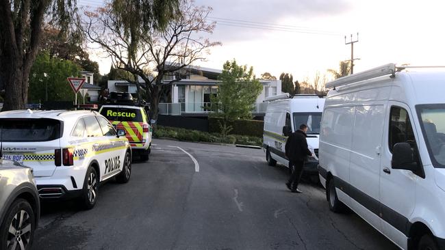 Police vans and detectives set up on Bagot St during the six hour siege. Picture: Shashi Baltutis