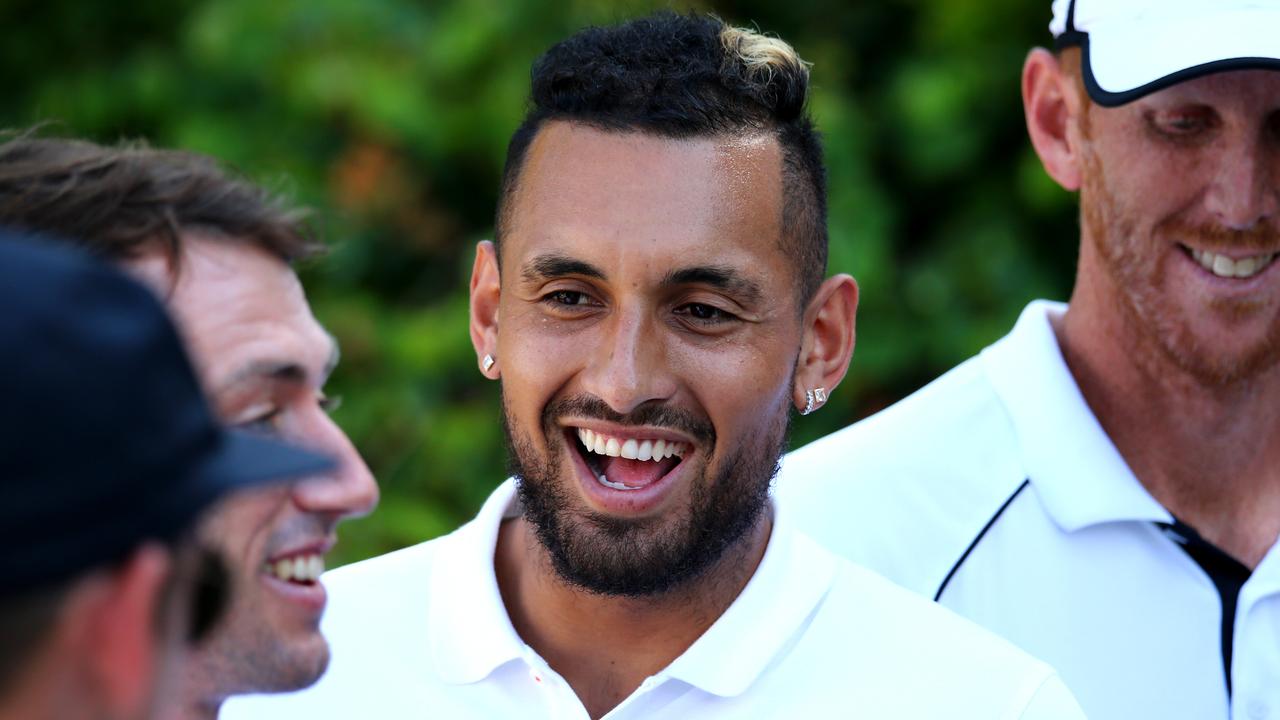 Nick Kyrgios with his Australian ATP Cup teammates. Picture: AAP/David Clark