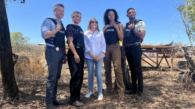 From left to right: Todd Lasance, Tuuli Narkle, Screen Territory director Jennie Hughes, Olivia Swann and Sean Sagar on set in Darwin. Picture: Harry Brill.