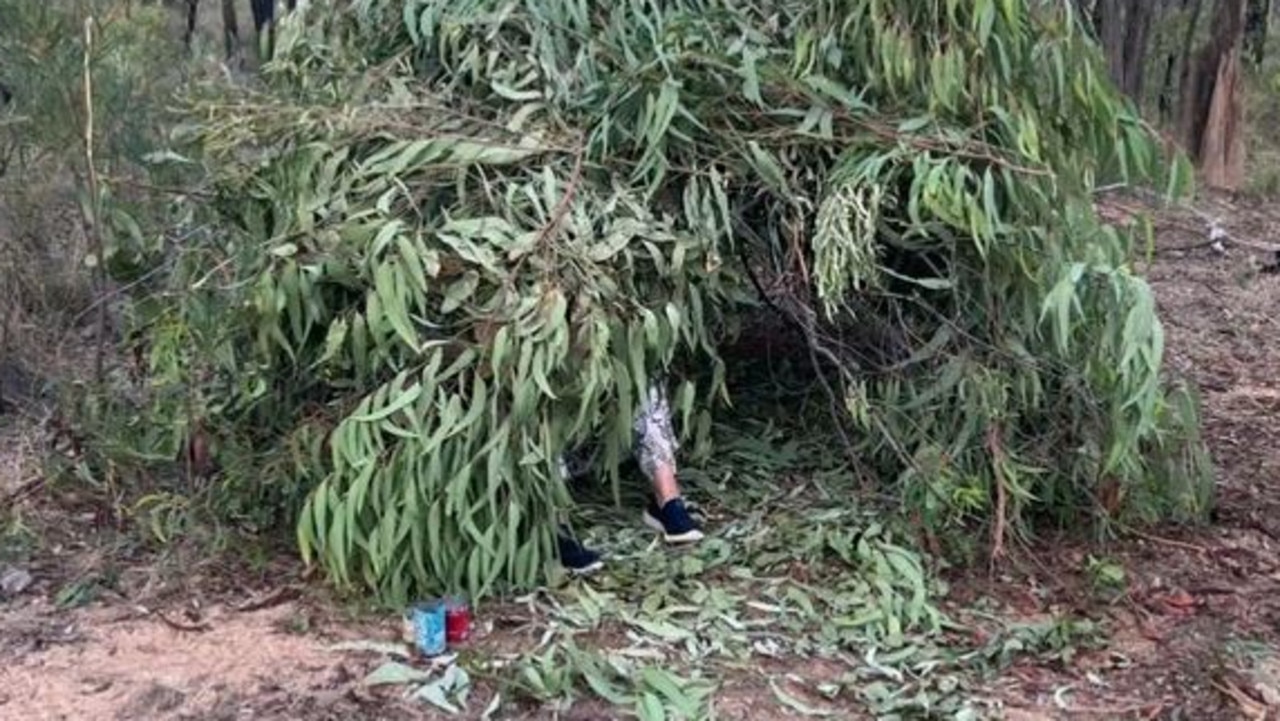 The couple constructed a makeshift tent out of leaves and branches. Source: Nine.