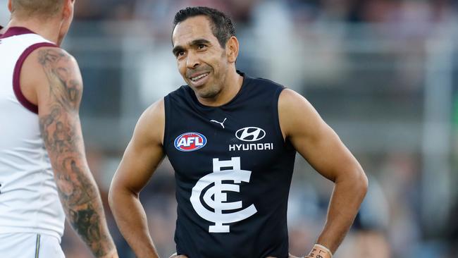 MELBOURNE, AUSTRALIA - MARCH 08: Mitch Robinson of the Lions and Eddie Betts of the Blues share a laugh during the 2020 Marsh Community Series match between the Carlton Blues and the Brisbane Lions at Ikon Park on March 08, 2020 in Melbourne, Australia. (Photo by Michael Willson/AFL Photos via Getty Images)