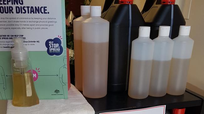 The hand sanitiser on display near the front entrance to the Heathmont massage parlour on Canterbury Rd. Picture: Supplied