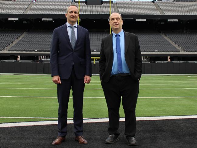 ARL Commission chair Peter V'landys and NRL chief executive Andrew Abdo at Allegiant Stadium in Las Vegas. Picture: Supplied