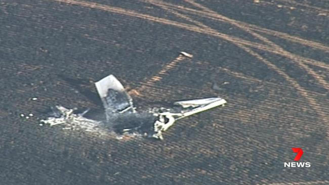 A light plane with two men on-board has crashed and caught fire at Merriton near Crystal Brook. Picture: 7News