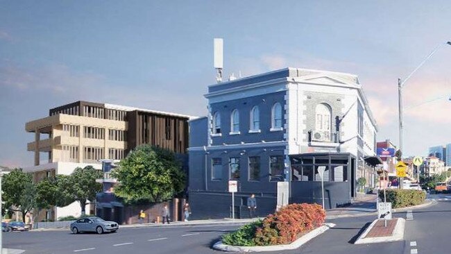 Artist’s impression of the front and side of the proposed boarding house with Allawah Hotel in the foreground. Picture: Libra Property