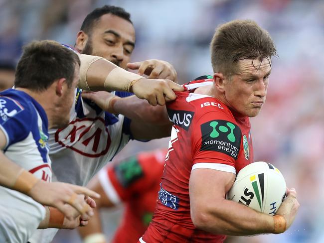 Dragons playmaker Josh McCrone kicks into the negative. Picture: Getty Images