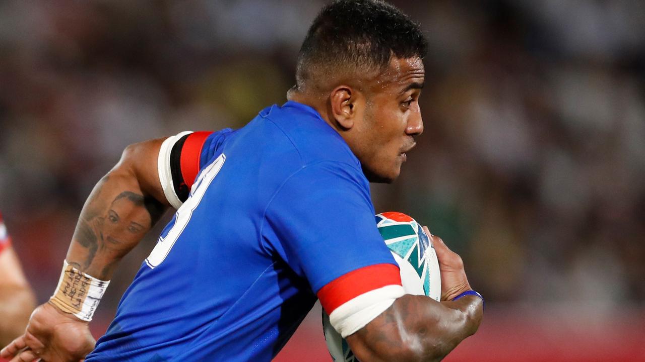 Samoa centre Rey Lee-Lo runs with the ball during the 2019 Rugby World Cup.