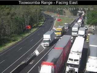 Department of Transport and Main Roads traffic cameras positioned on the Range have captured Wednesday afternoon's traffic chaos on the Warrego Highway. Picture: Contributed