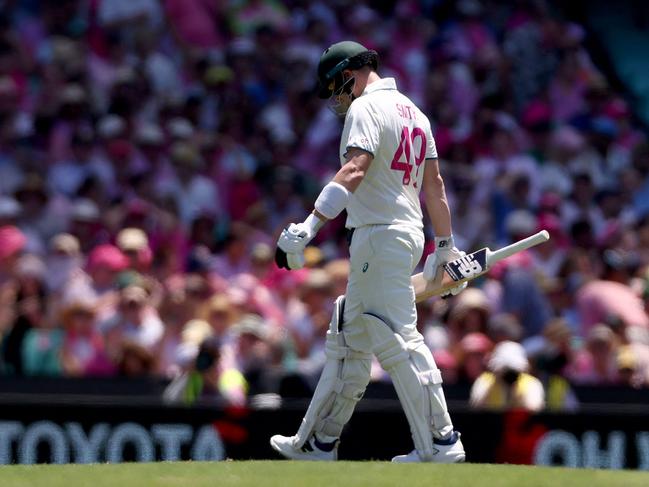 Australiaâs Steve Smith walks off the ground after being dismissed during day three of the fifth cricket Test match between Australia and India at The SCG in Sydney on January 5, 2025. (Photo by DAVID GRAY / AFP) / -- IMAGE RESTRICTED TO EDITORIAL USE - STRICTLY NO COMMERCIAL USE --