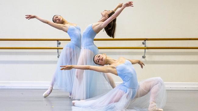 Ako Kondo, Amber Scott and Benedicte Bemet are appearing in Serenade, part of David Hallberg’s first season as head of the Australian Ballet. Picture: Aaron Francis