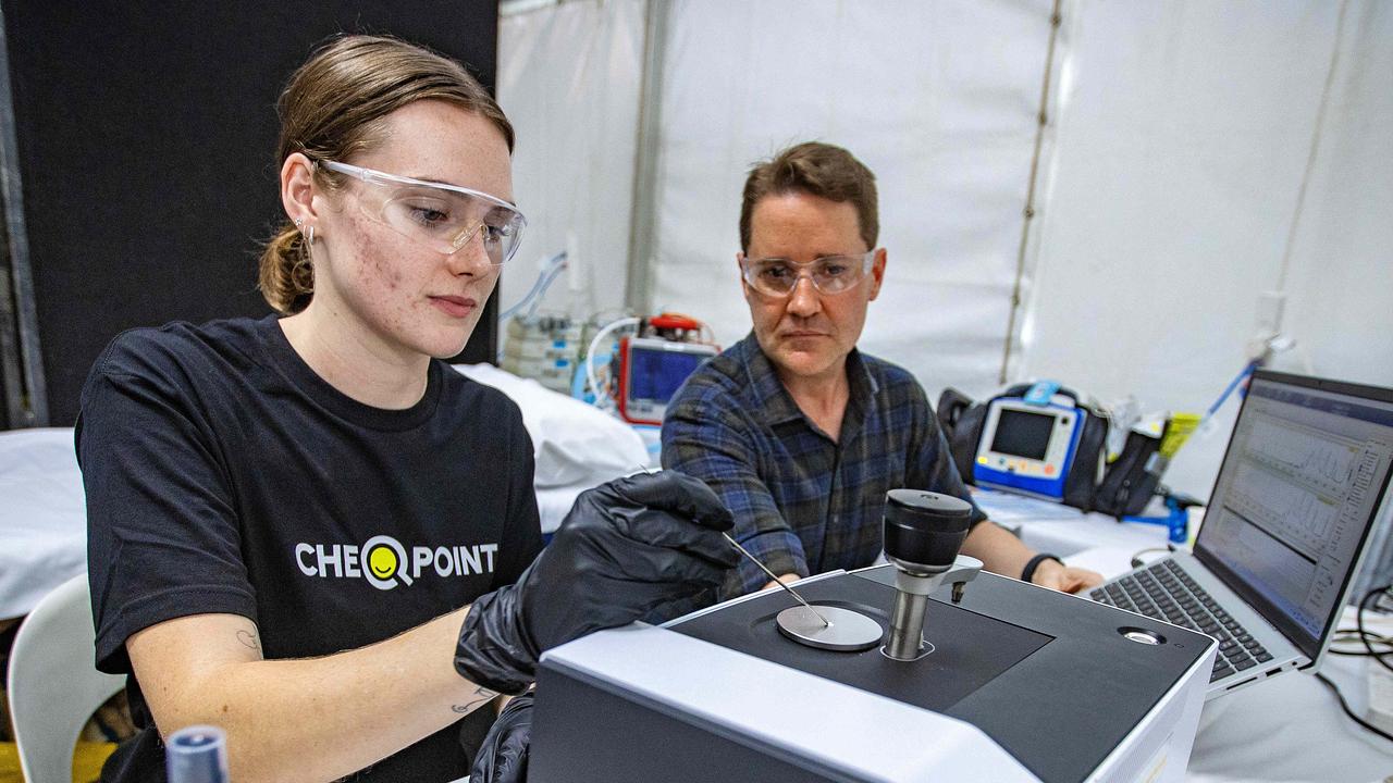 The Loop Australia CEO Cameron Francis and chemist Madeline Harding at Schoolies. Picture: Nigel Hallett