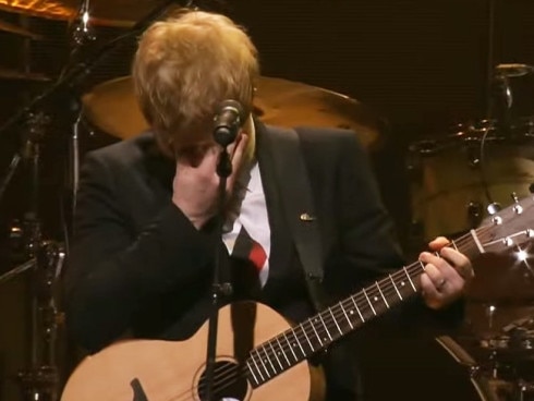 Ed Sheeran plays a newly written song, Visiting Hours at Michael Gudinski's State Memorial Service.