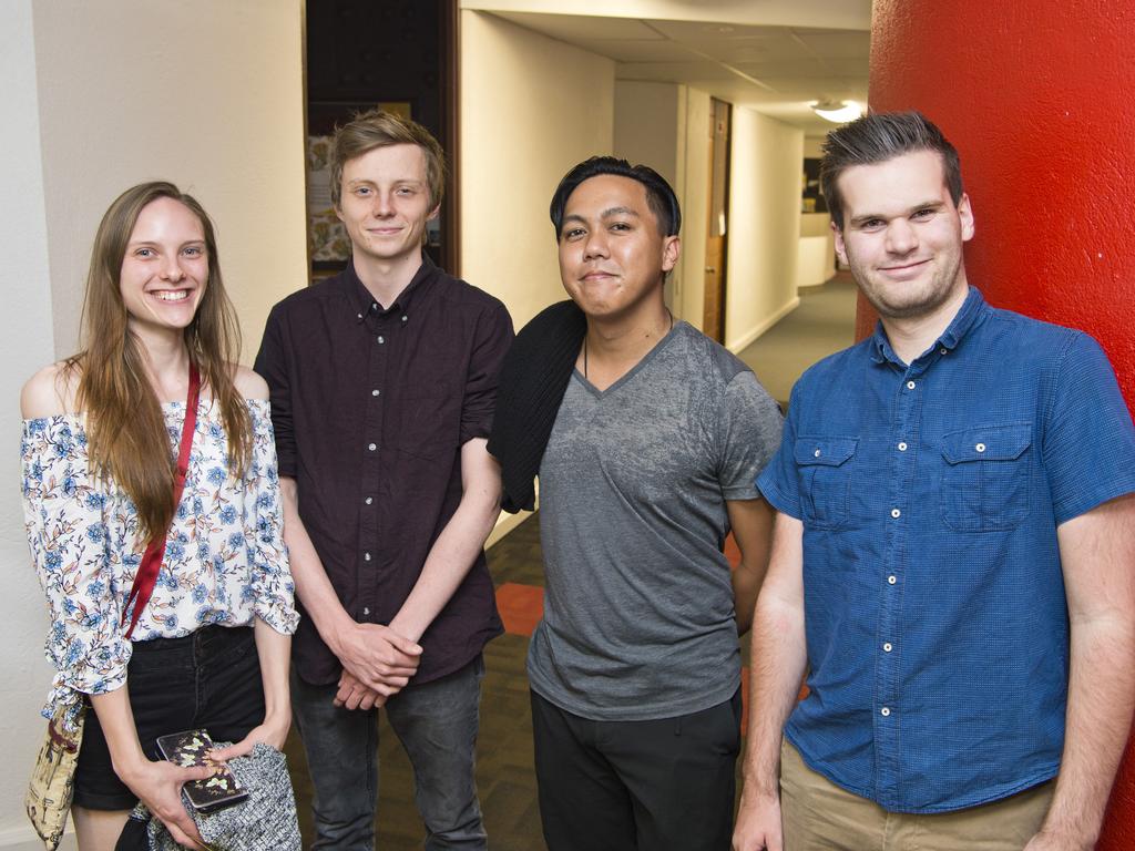 USQ Film and Television students (from left) Renae Johnson, Arthur Ridgway, Michael Develos and Lachlan Berlin before the 2019 showcase at USQ Arts Theatre, Friday, November 8, 2019. Picture: Kevin Farmer