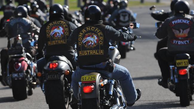 Members of outlaw motorcycle gangs gather at Moore Park, Sydney, in 2009. Picture: AAP