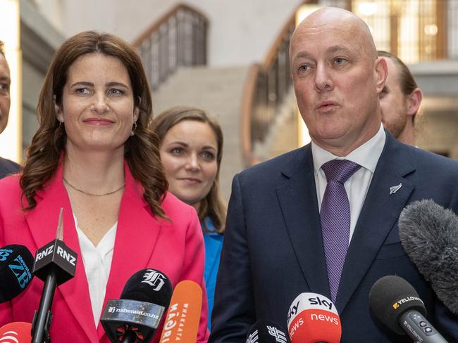 National leader Christopher Luxon and deputy leader Nicola Willis with new MPs, from left, David McLeod, Katie Simon, Blair Cameron and Nancy Lu, during their media standup at Parliament, Wellington, 16 October, 2023. NZ Herald photo by Mark Mitchell