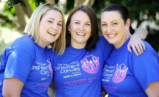 Aleisha Woolacott (centre) will be leading the Karen's Cancer Crusaders team, including Nicole Lewis and Emma Thompson, in The Weekend to End Women's Cancers 60km walk over two days. . Picture: Claudia Baxter