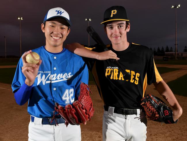 Adelaide Waves - Rion Sato and Adelaide Pirates - Brodie Arriola at Barratt Reserve. STORY: Adelaide will host the Australian Schoolboy baseball championships this month. The winning team from the tournamnet will represent Australia at the Little League World Series in the US. Happy pics of a team member from each of the two SA-based competing teams. Pic: Tricia Watkinson