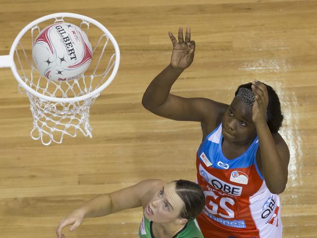 Sam Wallace of the Swifts goals during the Round 3 Super Netball match between the NSW Swifts and the West Coast Fever at Quaycentre in Sydney, Sunday, May 12, 2019. (AAP Image/Craig Golding) NO ARCHIVING, EDITORIAL USE ONLY