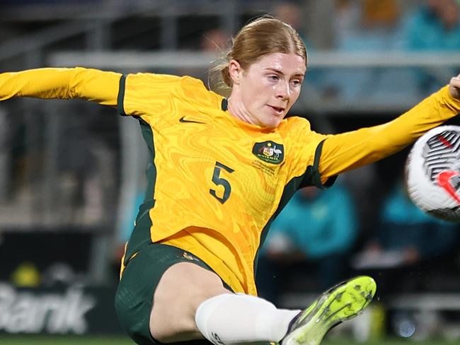 SYDNEY, AUSTRALIA - JUNE 03: Cortnee Vine of Australia attempts a shot at goalduring the international friendly match between Australia Matildas and China PR at Accor Stadium on June 03, 2024 in Sydney, Australia. (Photo by Cameron Spencer/Getty Images)