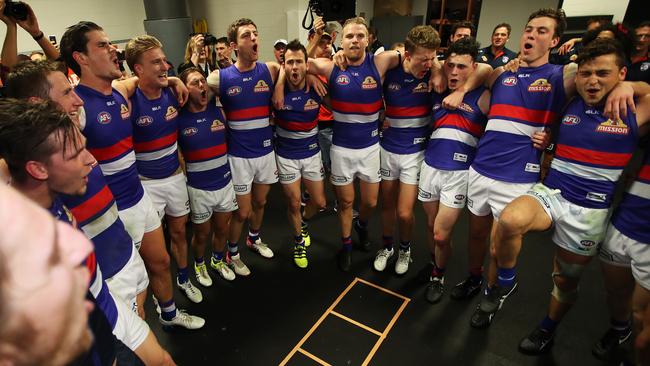 Western Bulldogs players celebrate after the preliminary final win. Picture: Phil Hillyard