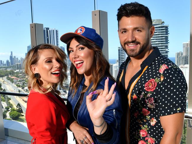 Tania Doko (left) Ella Hooper (centre) and Alfie Arcuri (right) are shooting for their chance to represent Australia in the Eurovision Song Contest. Picture: AAP/Darren England