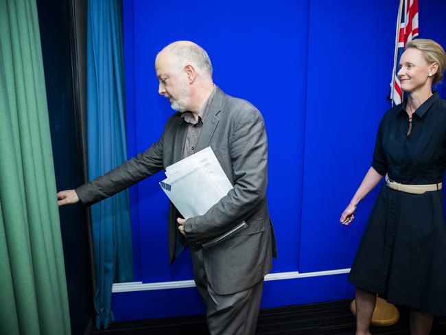 Press conference with Health Minister Sarah Courtney and Director of Public Health Mark Veitch  to provide an update on the fourth case of coronavirus COVID-19 in Tasmania. Picture: RICHARD JUPE