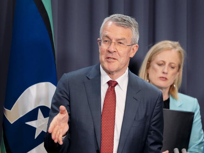 CANBERRA, AUSTRALIA, NewsWire Photos. NOVEMBER 13, 2023: Bill Shorten MP,  Mark Dreyfus attorney General, Senator Katy Gallagher  and Amanda Rishworth MP The Blue Room at Parliament House in Canberra.The Albanese Government is today tabling the response to the Robodebt Royal Commission. . Picture: NCA NewsWire / David Beach