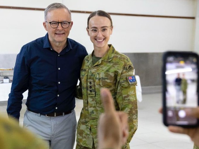 Prime Minister Anthony Albanese met with ADF personnel and diplomats in the United Arab Emirates. “You don’t have to Google too hard to find Albo posing with the troops in disruptive pattern combat uniforms.” Picture: Supplied-