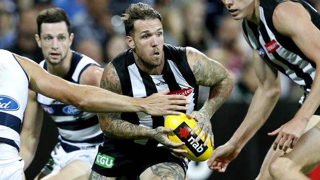 NAB Challenge. Geelong vs Collingwood at Simonds Stadium, Geelong. Dane Swan weaves out of trouble . Pic: Michael Klein.