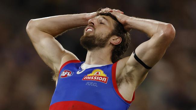 NCA. MELBOURNE, AUSTRALIA. September 4, 2024. AFL Elimination final. Western Bulldogs vs. Hawthorn at the MCG. Bulldog Marcus Bontempelli reacts after his shot at goal was touched 4th qtr. Pic: Michael Klein