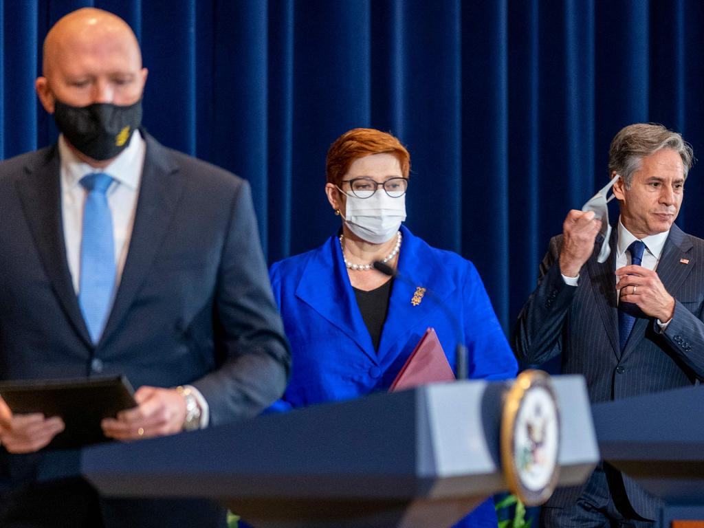 (L-R) Australian Minister of Defense Peter Dutton, Australian Foreign Minister Marise Payne, and US Secretary of State Antony Blinken attend a news conference at the State Department in Washington, DC on September 16, 2021. (Photo by Andrew Harnik / AP Pool / AFP)